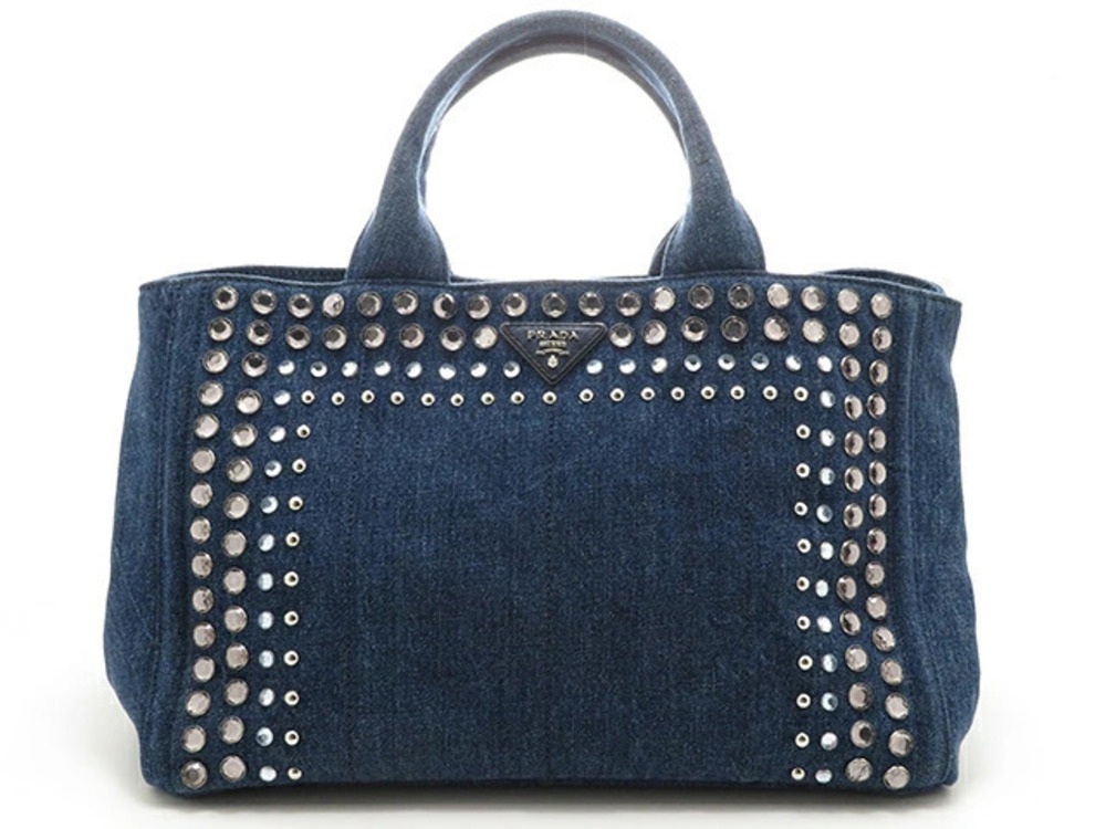 Prada Canapa Handbag Studded Bijou Blue Denim